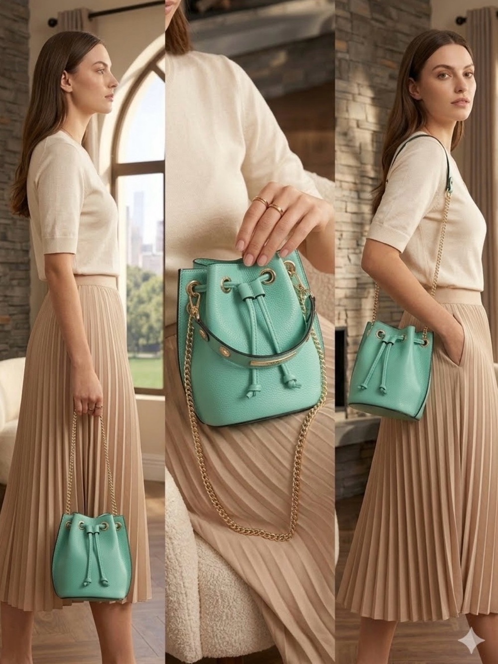 NWOT Genuine Italian Leather Drawstring Bucket Bag/Purse Turquoise